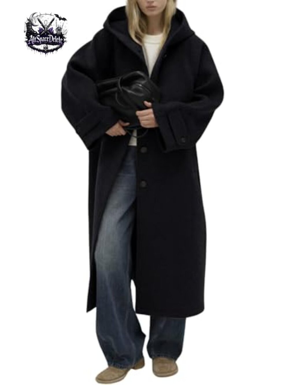 Wool Blend Hooded Trench Coat Button Front Loose Fit Winter Overcoat